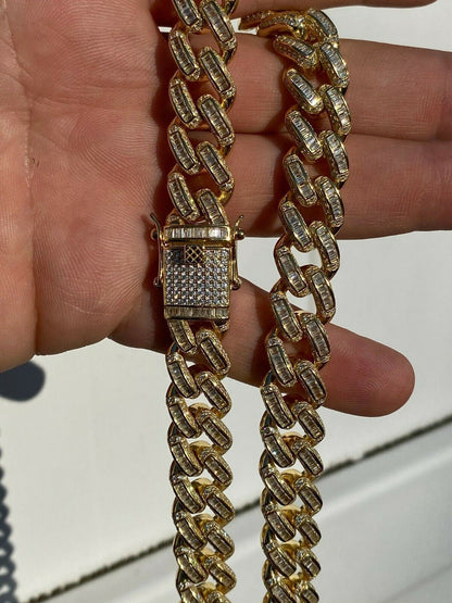 HarlemBling 14k Gold Over Solid 925 Silver 12mm Baguette Diamond Miami Cuban Link Chain Mens