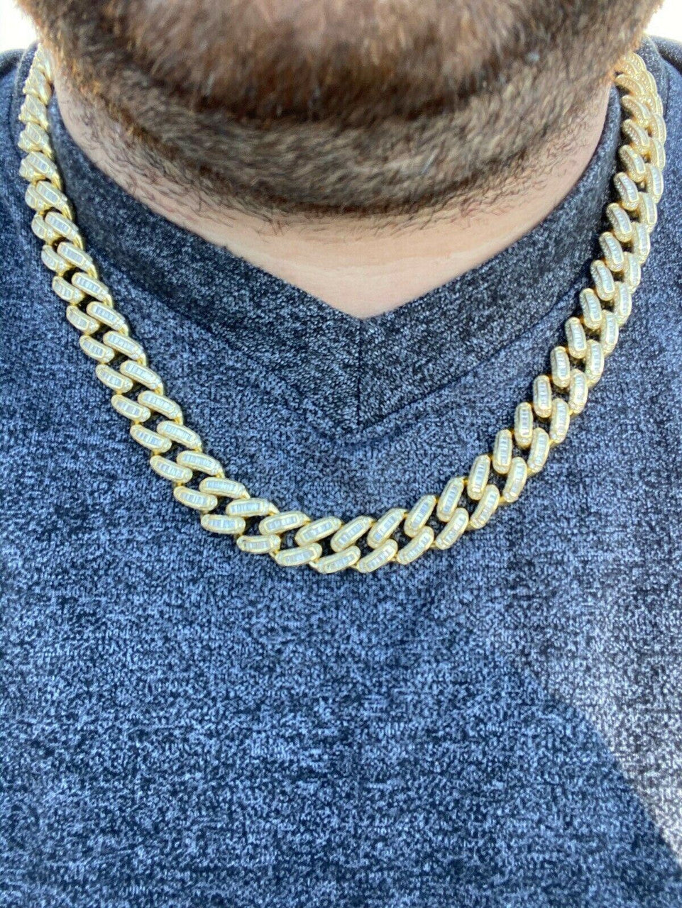 HarlemBling 14k Gold Over Solid 925 Silver 12mm Baguette Diamond Miami Cuban Link Chain Mens