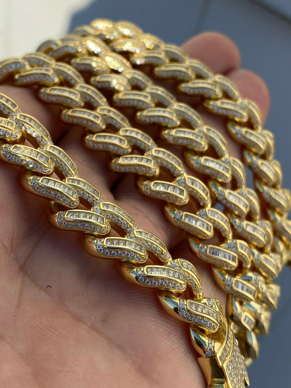 HarlemBling 14k Gold Over Solid 925 Silver 12mm Baguette Diamond Miami Cuban Link Chain Mens