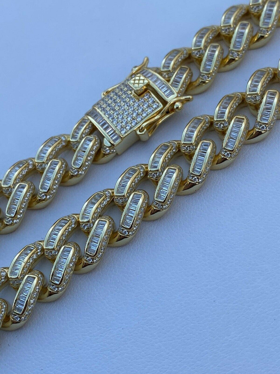 HarlemBling 14k Gold Over Solid 925 Silver 12mm Baguette Diamond Miami Cuban Link Chain Mens