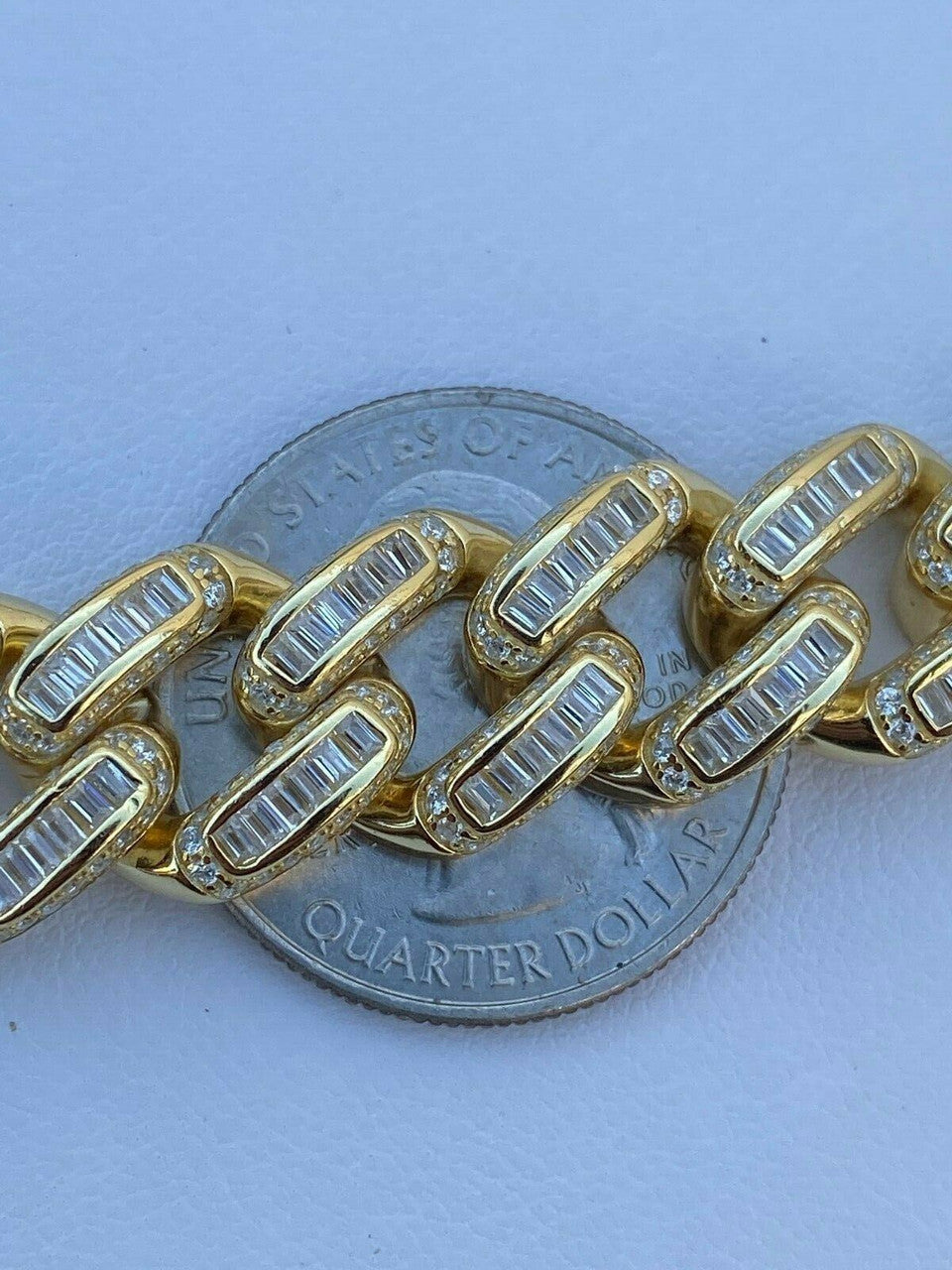HarlemBling 14k Gold Over Solid 925 Silver 12mm Baguette Diamond Miami Cuban Link Chain Mens