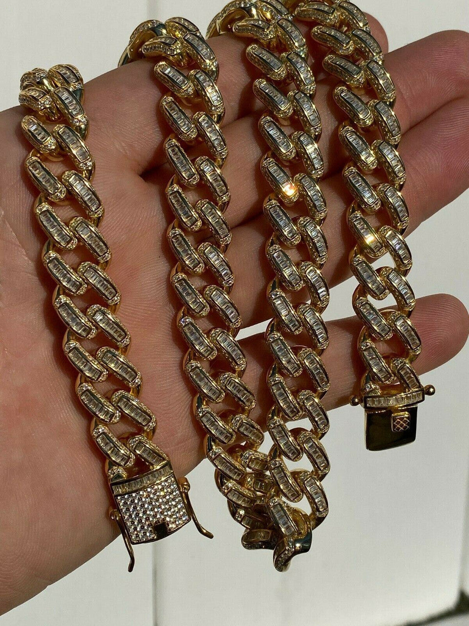 HarlemBling 14k Gold Over Solid 925 Silver 12mm Baguette Diamond Miami Cuban Link Chain Mens