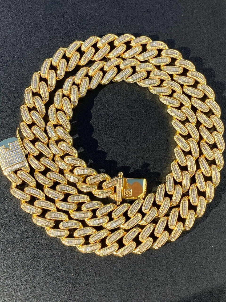 HarlemBling 14k Gold Over Solid 925 Silver 12mm Baguette Diamond Miami Cuban Link Chain Mens