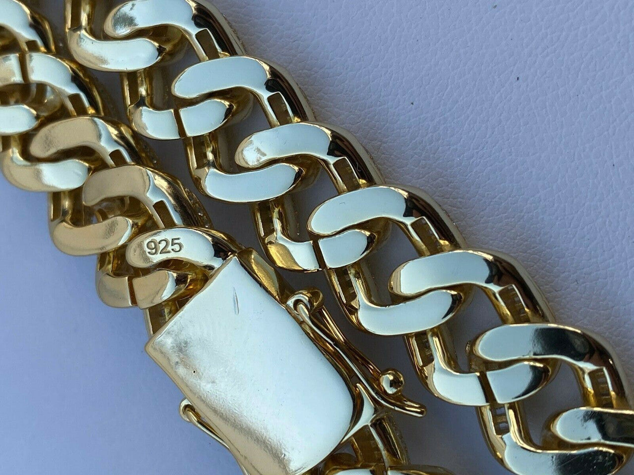 HarlemBling 14k Gold Over Solid 925 Silver 12mm Baguette Diamond Miami Cuban Link Chain Mens