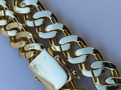 HarlemBling 14k Gold Over Solid 925 Silver 12mm Baguette Diamond Miami Cuban Link Chain Mens