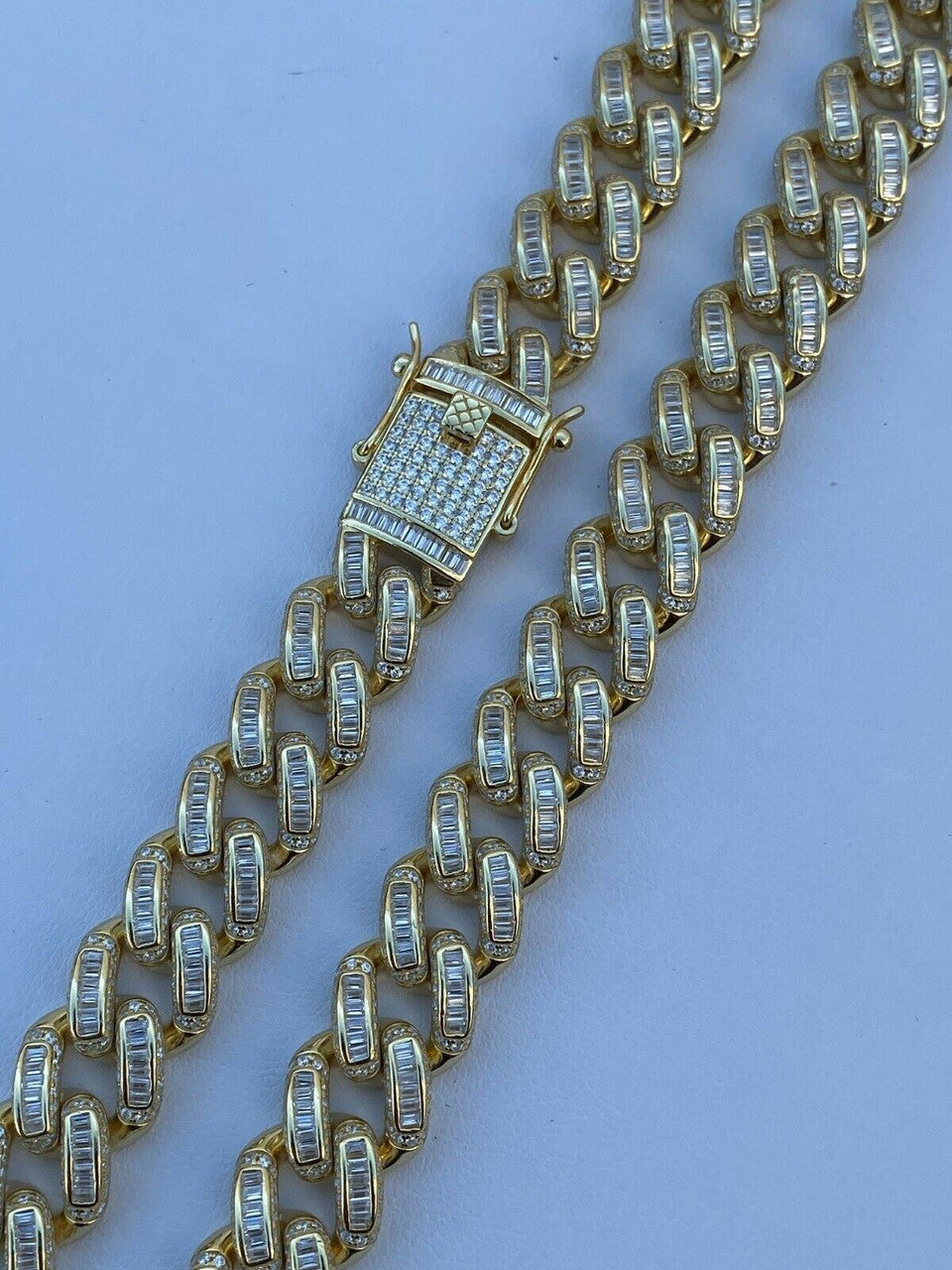 HarlemBling 14k Gold Over Solid 925 Silver 12mm Baguette Diamond Miami Cuban Link Chain Mens