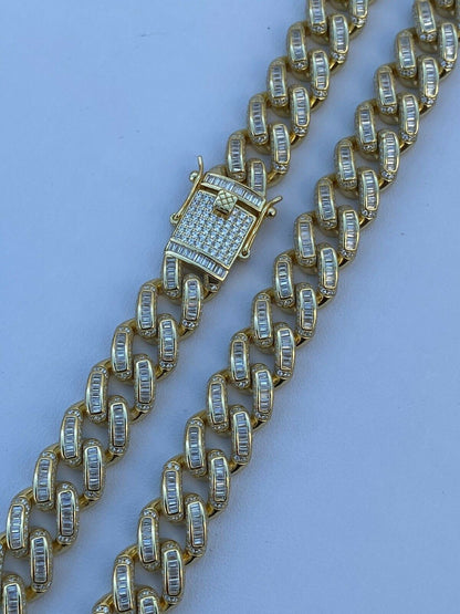HarlemBling 14k Gold Over Solid 925 Silver 12mm Baguette Diamond Miami Cuban Link Chain Mens