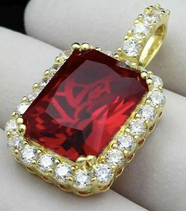 HarlemBling 14k Gold Over Solid 925 Silver 1ct Simulated Diamond Ruby Piece Pendant Gemstone