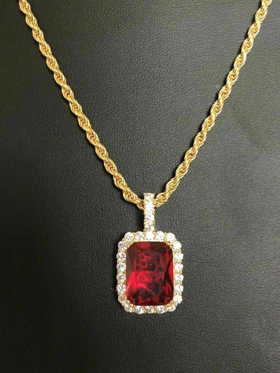 HarlemBling 14k Gold Over Solid 925 Silver 1ct Simulated Diamond Ruby Piece Pendant Gemstone