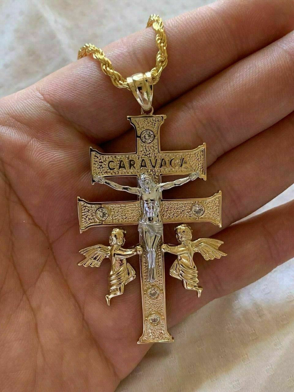 HarlemBling 14k Gold Over Solid 925 Silver Caravaca Cross Double Crucifix For Men LARGE 2.5