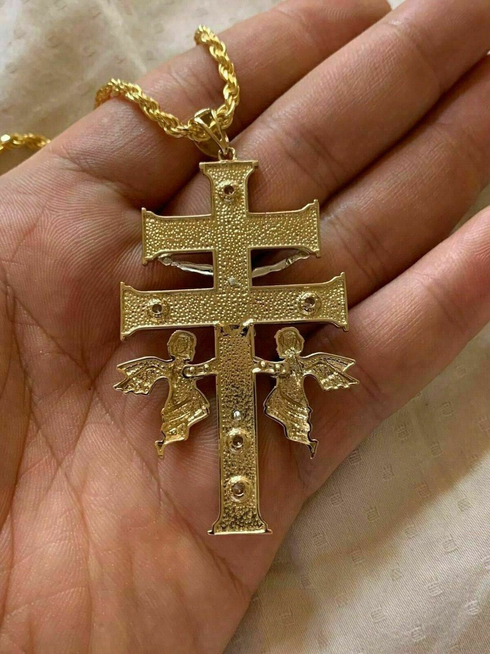 HarlemBling 14k Gold Over Solid 925 Silver Caravaca Cross Double Crucifix For Men LARGE 2.5
