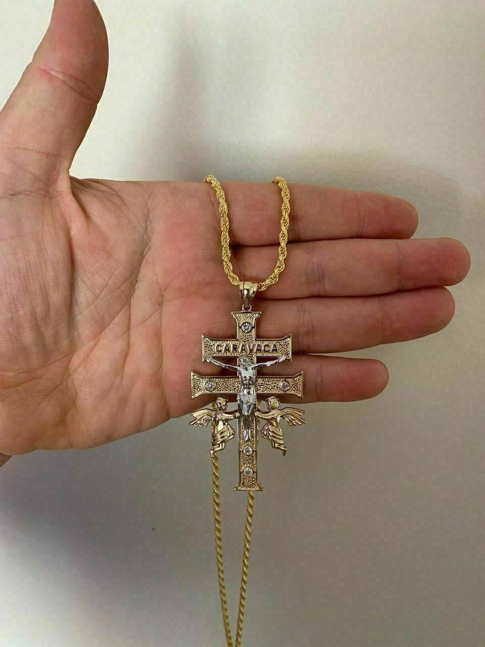 HarlemBling 14k Gold Over Solid 925 Silver Caravaca Cross Double Crucifix For Men LARGE 2.5