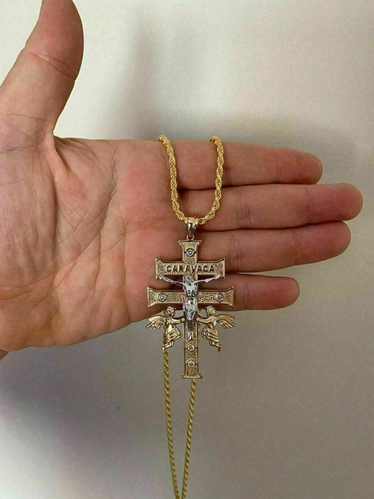 HarlemBling 14k Gold Over Solid 925 Silver Caravaca Cross Double Crucifix For Men LARGE 2.5