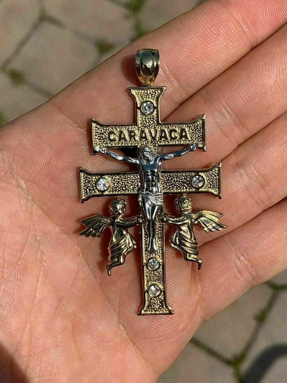 HarlemBling 14k Gold Over Solid 925 Silver Caravaca Cross Double Crucifix For Men LARGE 2.5