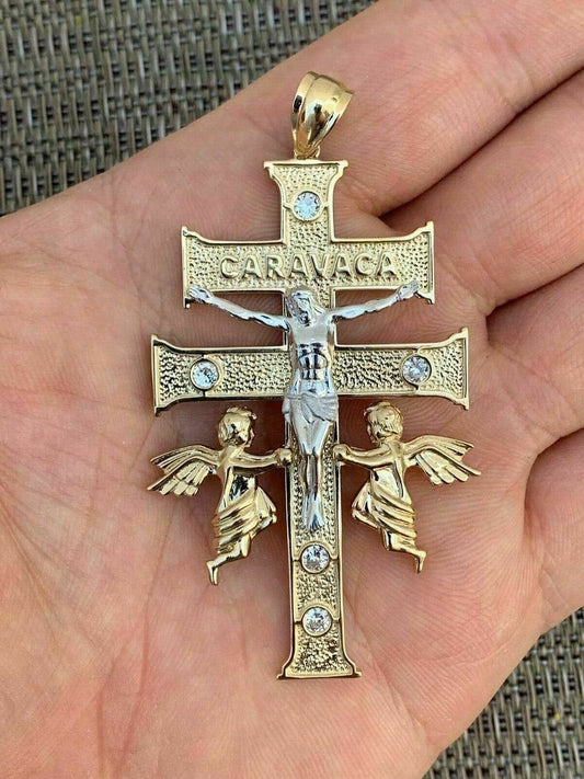 HarlemBling 14k Gold Over Solid 925 Silver Caravaca Cross Double Crucifix For Men LARGE 2.5