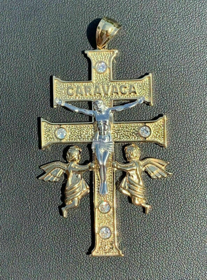 HarlemBling 14k Gold Over Solid 925 Silver Caravaca Cross Double Crucifix For Men LARGE 2.5