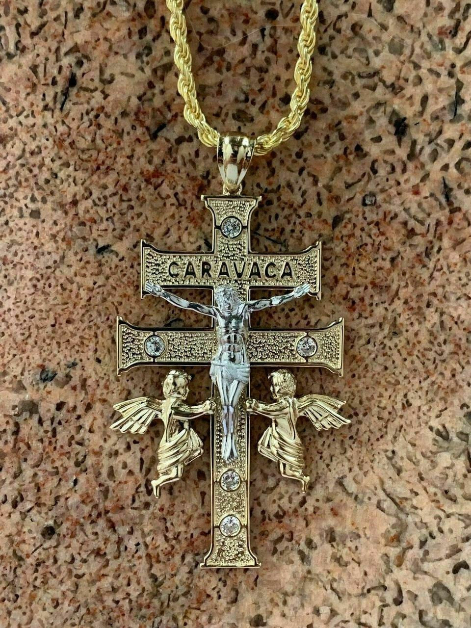 HarlemBling 14k Gold Over Solid 925 Silver Caravaca Cross Double Crucifix For Men LARGE 2.5