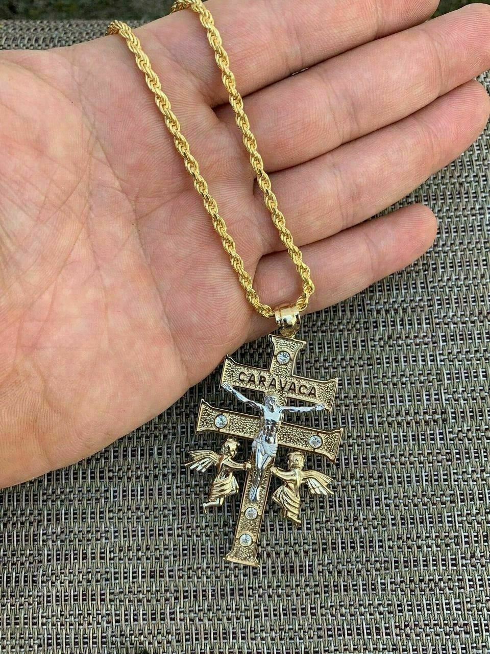 HarlemBling 14k Gold Over Solid 925 Silver Caravaca Cross Double Crucifix For Men LARGE 2.5