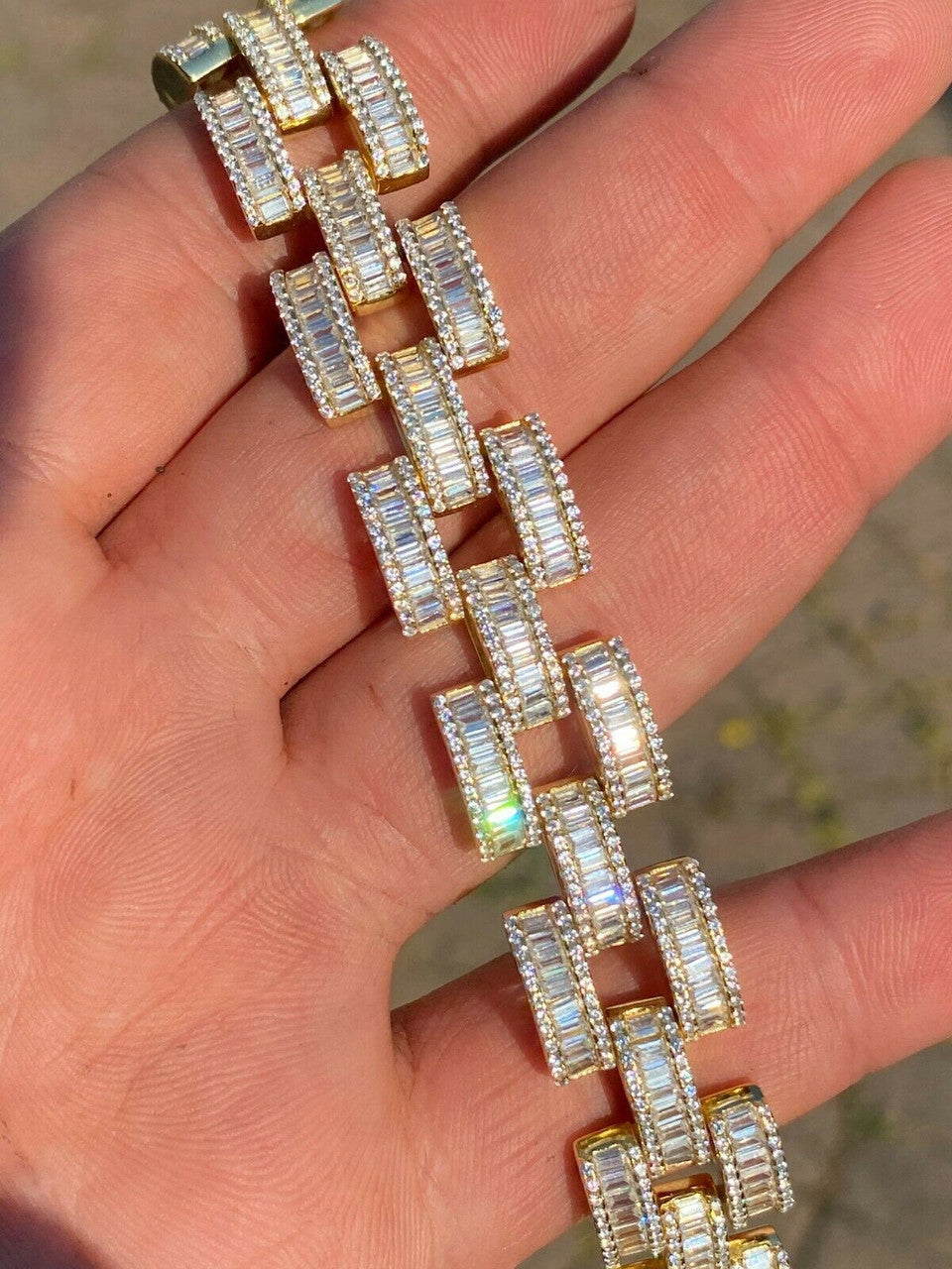HarlemBling 14k Gold Over Solid 925 Silver Mens Custom Iced Presidential Link Bracelet 14mm