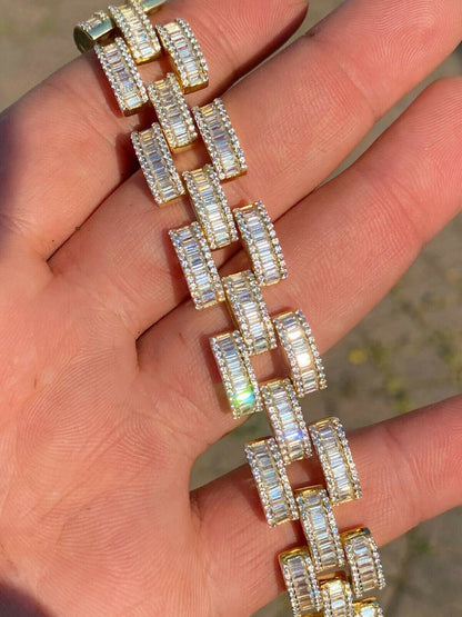 HarlemBling 14k Gold Over Solid 925 Silver Mens Custom Iced Presidential Link Bracelet 14mm
