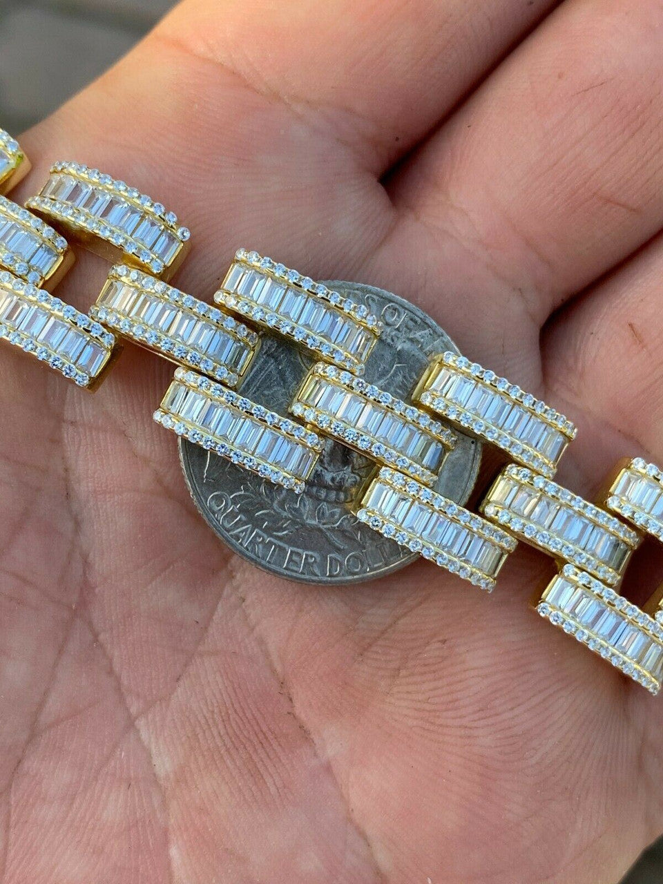 HarlemBling 14k Gold Over Solid 925 Silver Mens Custom Iced Presidential Link Bracelet 14mm