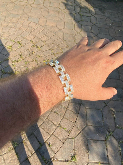 HarlemBling 14k Gold Over Solid 925 Silver Mens Custom Iced Presidential Link Bracelet 14mm