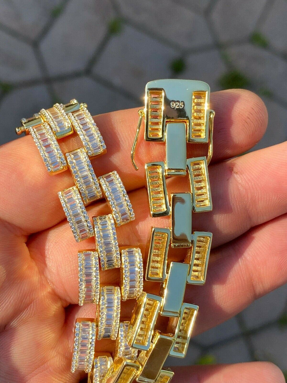 HarlemBling 14k Gold Over Solid 925 Silver Mens Custom Iced Presidential Link Bracelet 14mm