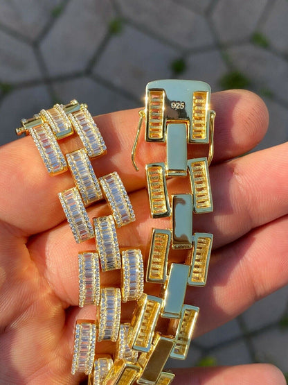 HarlemBling 14k Gold Over Solid 925 Silver Mens Custom Iced Presidential Link Bracelet 14mm