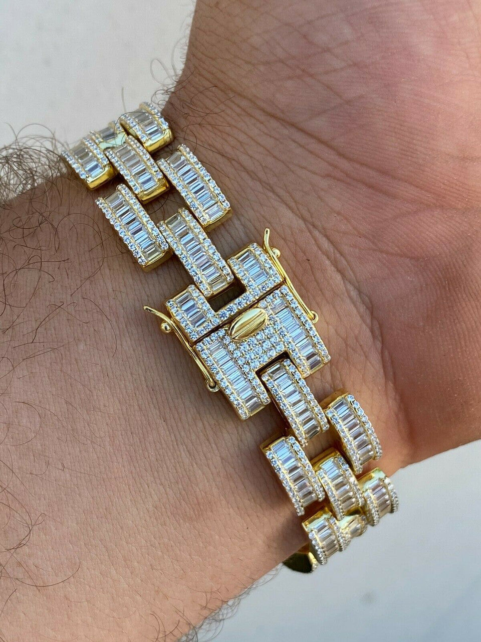 HarlemBling 14k Gold Over Solid 925 Silver Mens Custom Iced Presidential Link Bracelet 14mm