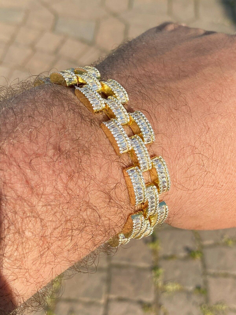 HarlemBling 14k Gold Over Solid 925 Silver Mens Custom Iced Presidential Link Bracelet 14mm