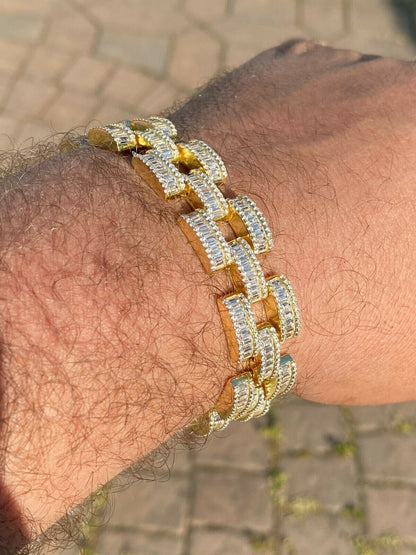 HarlemBling 14k Gold Over Solid 925 Silver Mens Custom Iced Presidential Link Bracelet 14mm
