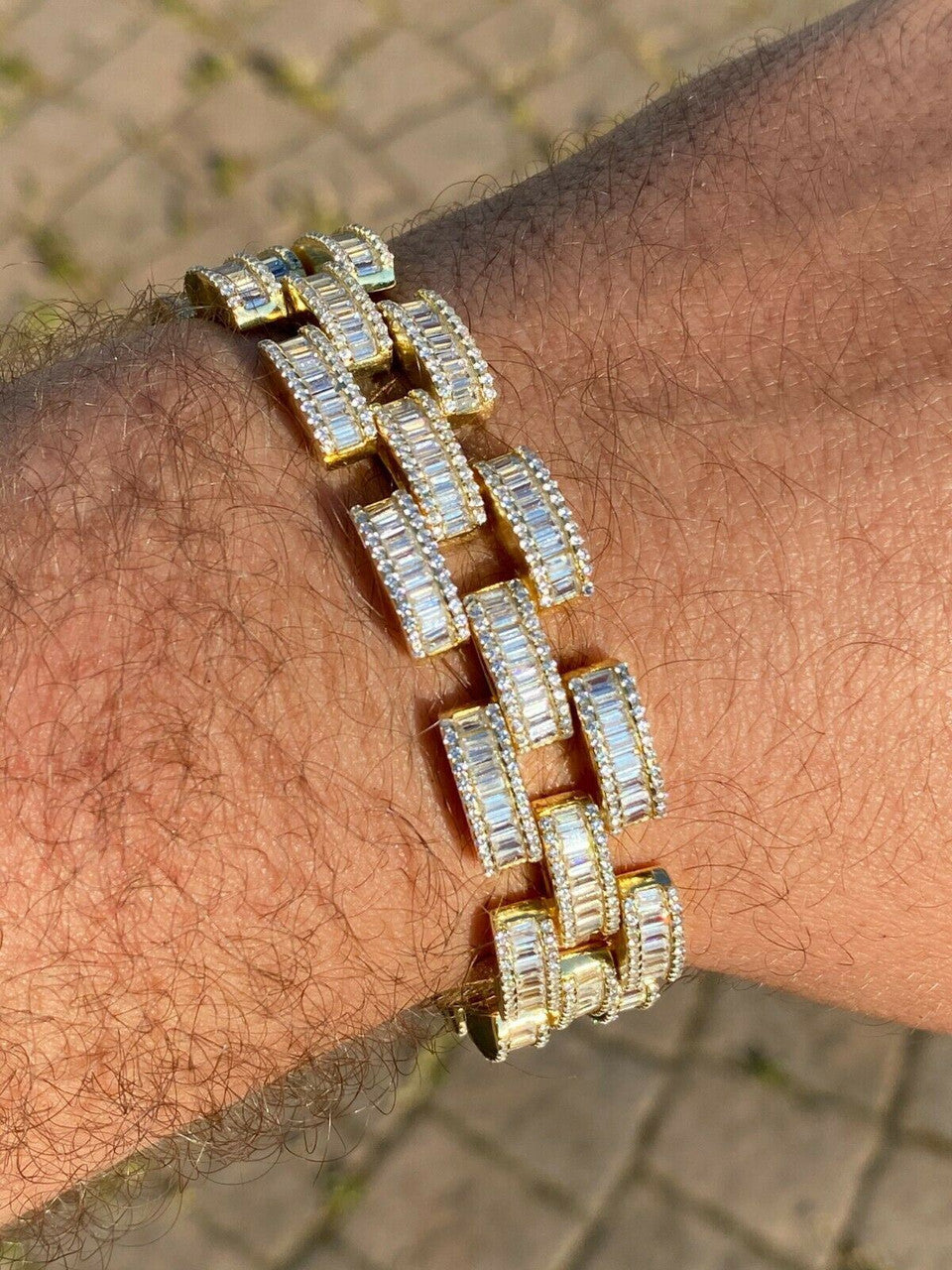 HarlemBling 14k Gold Over Solid 925 Silver Mens Custom Iced Presidential Link Bracelet 14mm