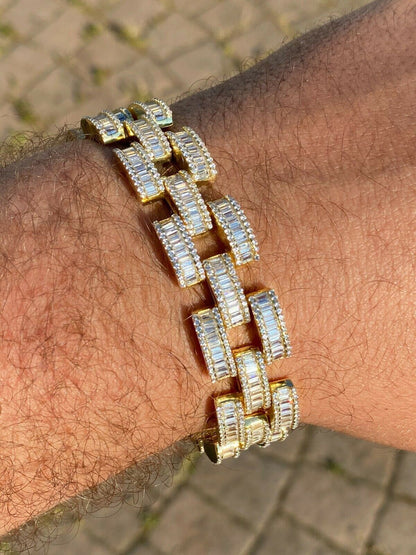 HarlemBling 14k Gold Over Solid 925 Silver Mens Custom Iced Presidential Link Bracelet 14mm
