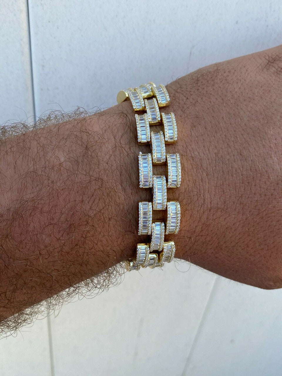 HarlemBling 14k Gold Over Solid 925 Silver Mens Custom Iced Presidential Link Bracelet 14mm