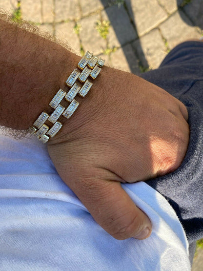 HarlemBling 14k Gold Over Solid 925 Silver Mens Custom Iced Presidential Link Bracelet 14mm