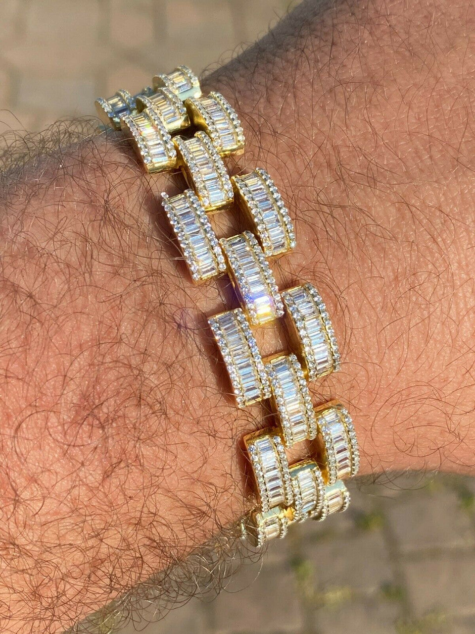 HarlemBling 14k Gold Over Solid 925 Silver Mens Custom Iced Presidential Link Bracelet 14mm