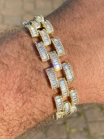 HarlemBling 14k Gold Over Solid 925 Silver Mens Custom Iced Presidential Link Bracelet 14mm