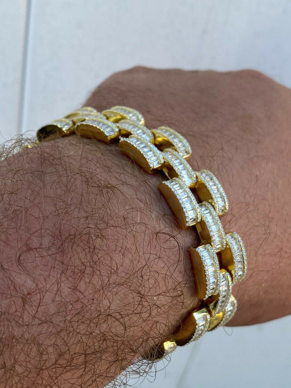 HarlemBling 14k Gold Over Solid 925 Silver Mens Custom Iced Presidential Link Bracelet 14mm