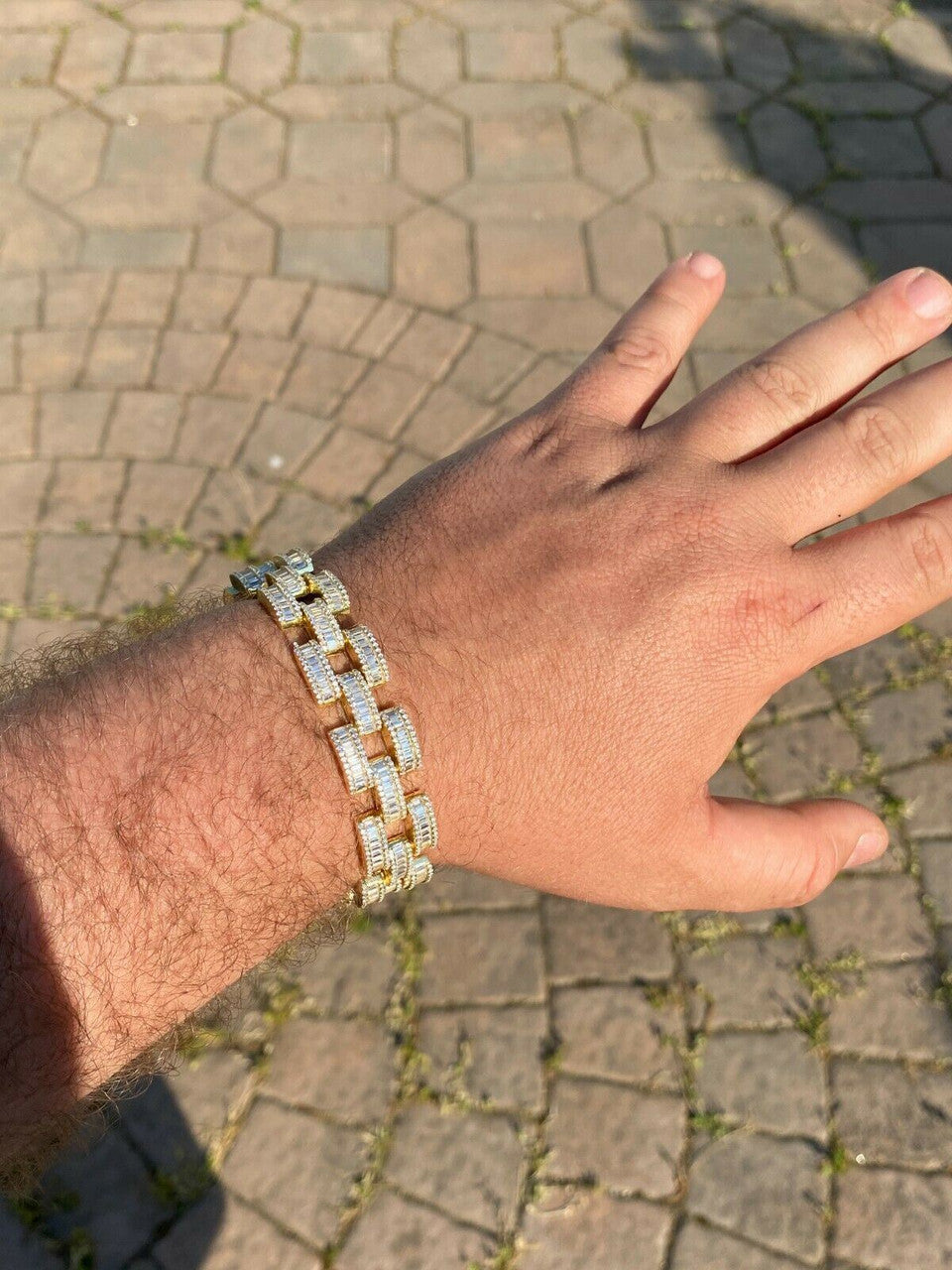 HarlemBling 14k Gold Over Solid 925 Silver Mens Custom Iced Presidential Link Bracelet 14mm