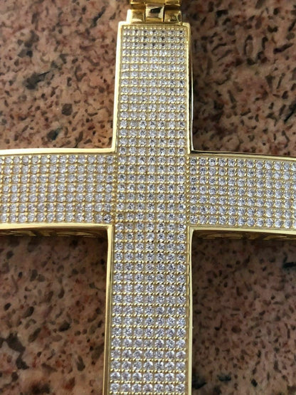 HarlemBling 14k Gold Over Solid 925 Silver Mens Large Cross 5ct Diamonds 3.25 BIG Hip Hop