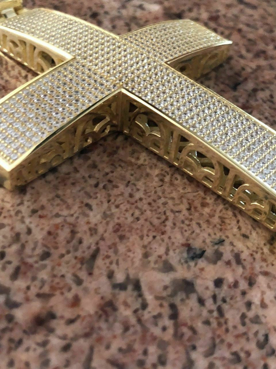 HarlemBling 14k Gold Over Solid 925 Silver Mens Large Cross 5ct Diamonds 3.25 BIG Hip Hop