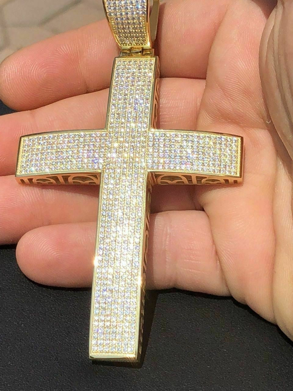 HarlemBling 14k Gold Over Solid 925 Silver Mens Large Cross 5ct Diamonds 3.25 BIG Hip Hop