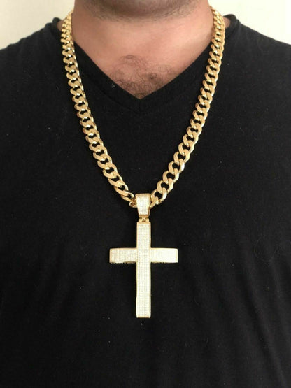 HarlemBling 14k Gold Over Solid 925 Silver Mens Large Cross 5ct Diamonds 3.25 BIG Hip Hop