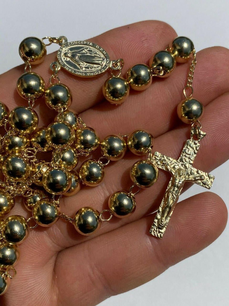HarlemBling 14k Gold Over Solid 925 Silver Mens Rosary Beads Necklace Rosario Large Hip Hop