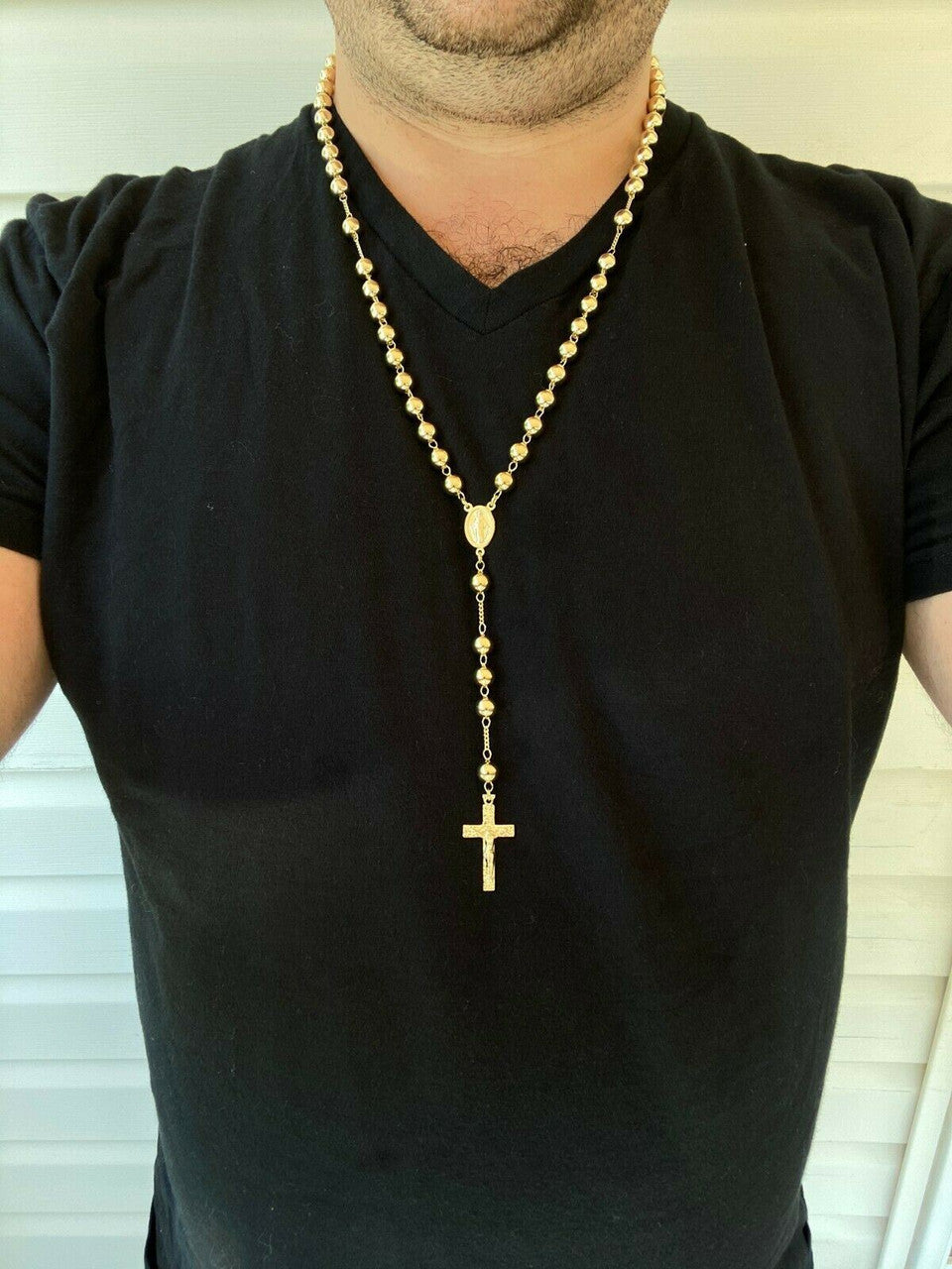 HarlemBling 14k Gold Over Solid 925 Silver Mens Rosary Beads Necklace Rosario Large Hip Hop