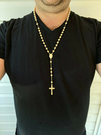 HarlemBling 14k Gold Over Solid 925 Silver Mens Rosary Beads Necklace Rosario Large Hip Hop