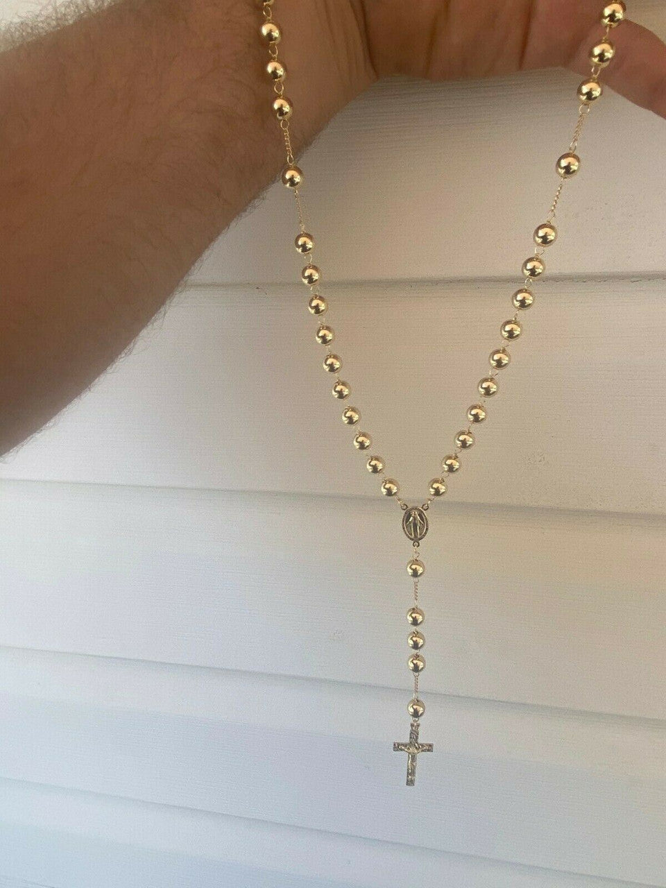 HarlemBling 14k Gold Over Solid 925 Silver Mens Rosary Beads Necklace Rosario Large Hip Hop