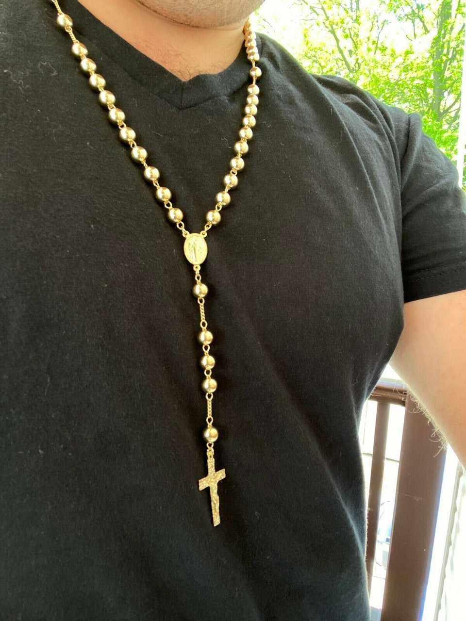 HarlemBling 14k Gold Over Solid 925 Silver Mens Rosary Beads Necklace Rosario Large Hip Hop