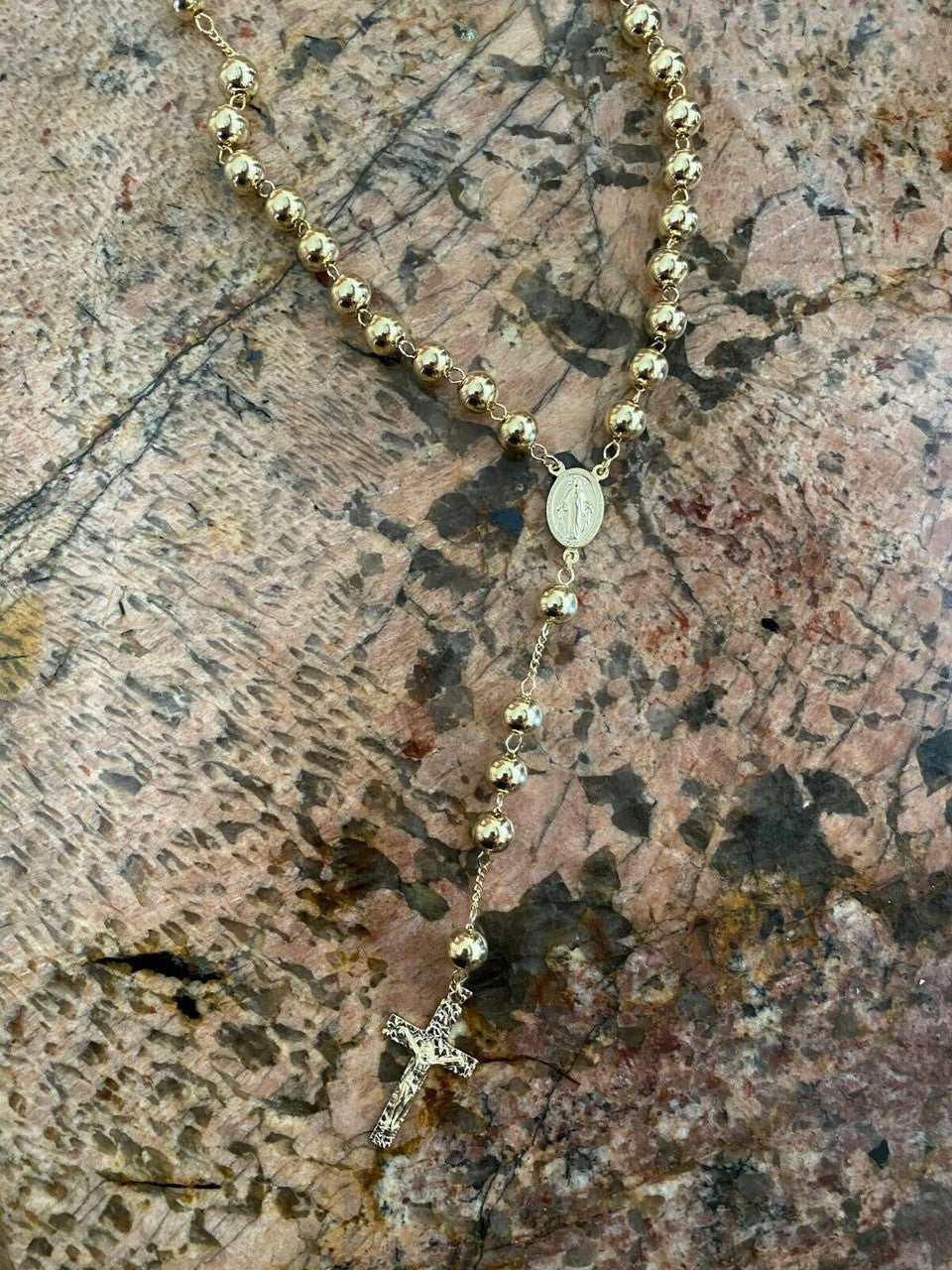 HarlemBling 14k Gold Over Solid 925 Silver Mens Rosary Beads Necklace Rosario Large Hip Hop