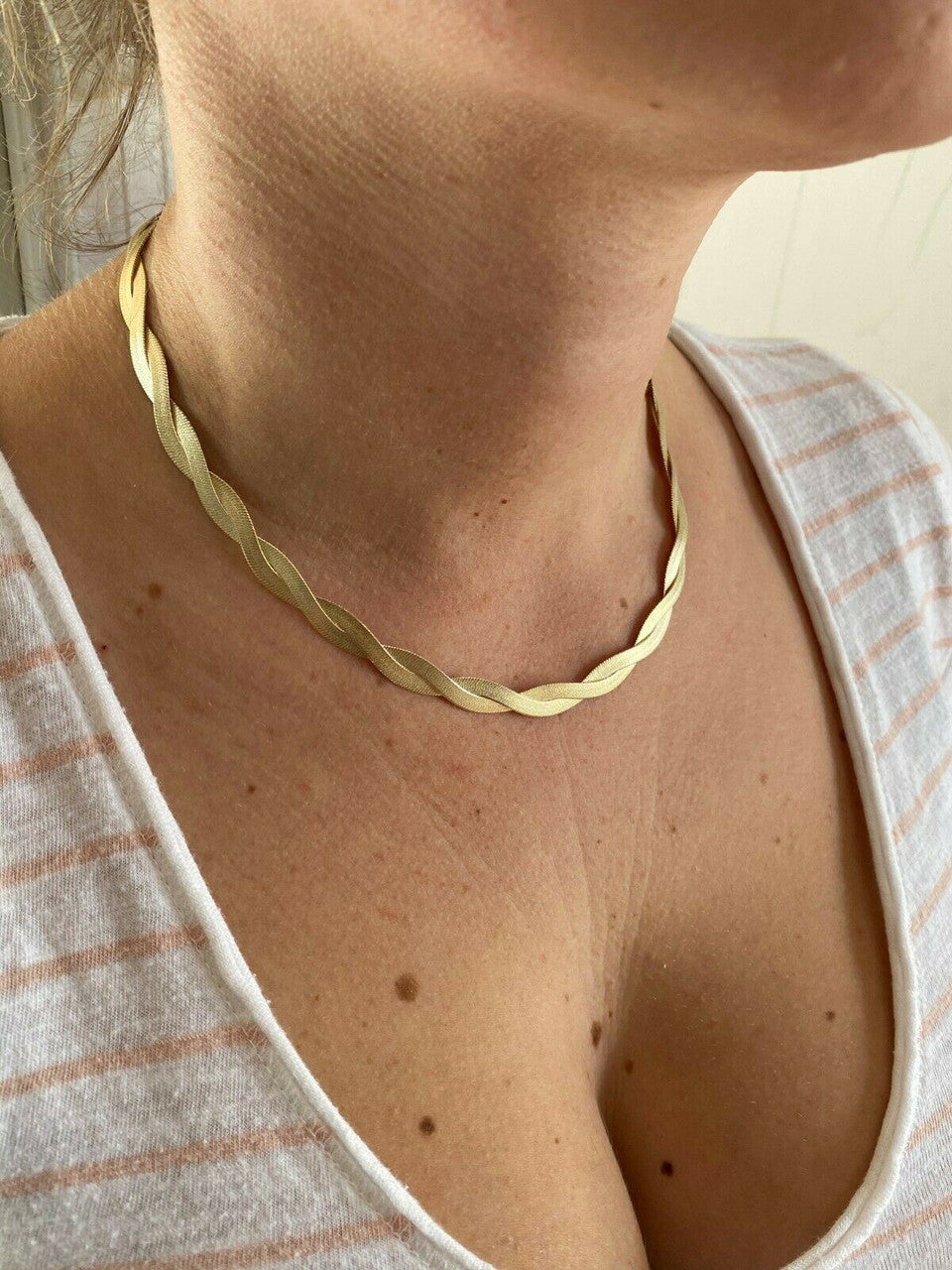 HarlemBling 14k Gold Over Solid 925 Silver Twisted Braided Herringbone Chain Necklace 16-20